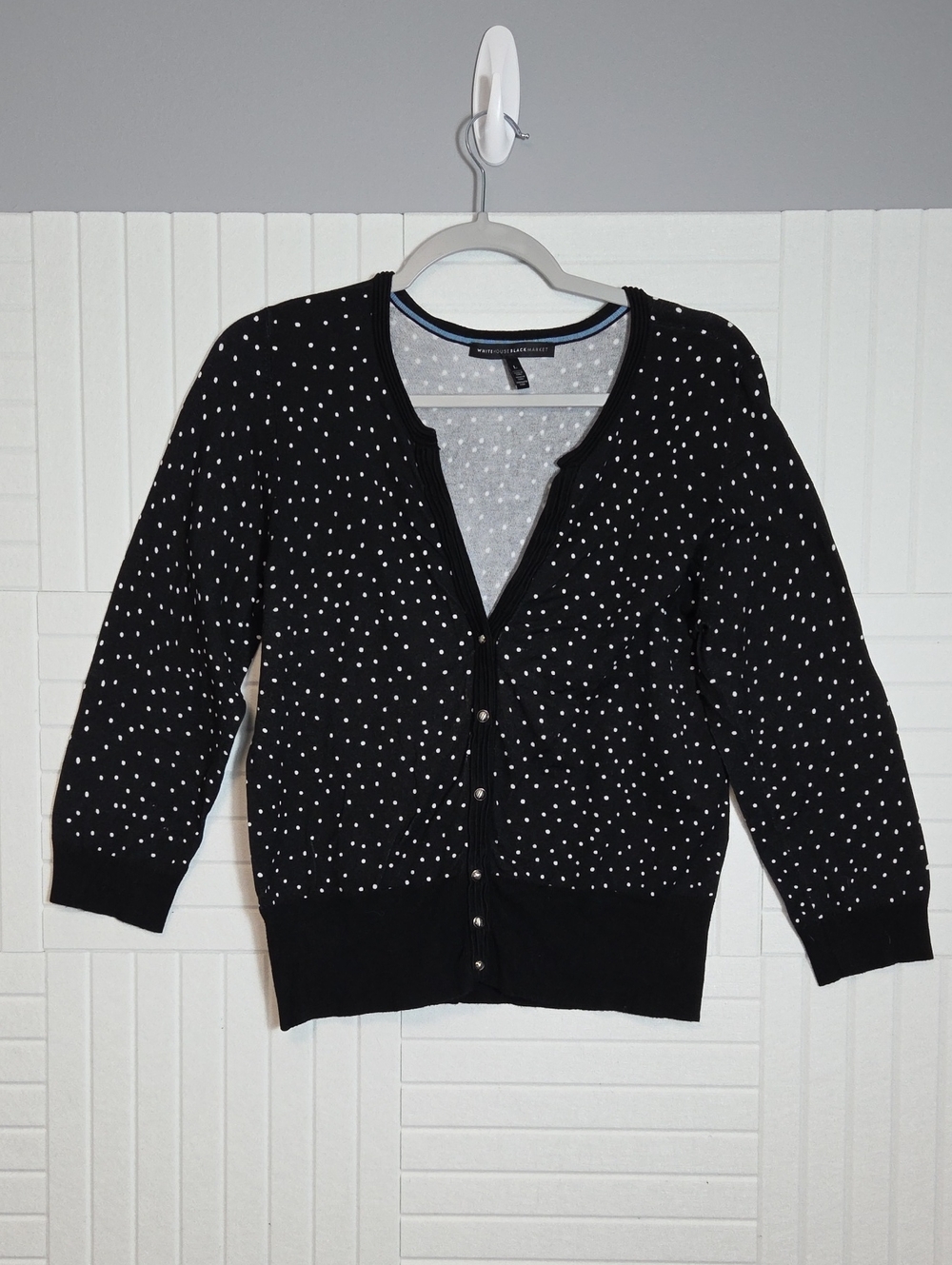 White House Black Market Black Polkadot V Neck Button Front Cardigan Sweater L